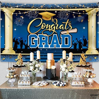 KatchOn, XtraLarge Blue Congrats Grad Banner - 72x44 Inch, 2026 Graduation Backdrop | Blue Grad Banner Class of 2026 Grad Party Decorations, Graduation Decorations 2026