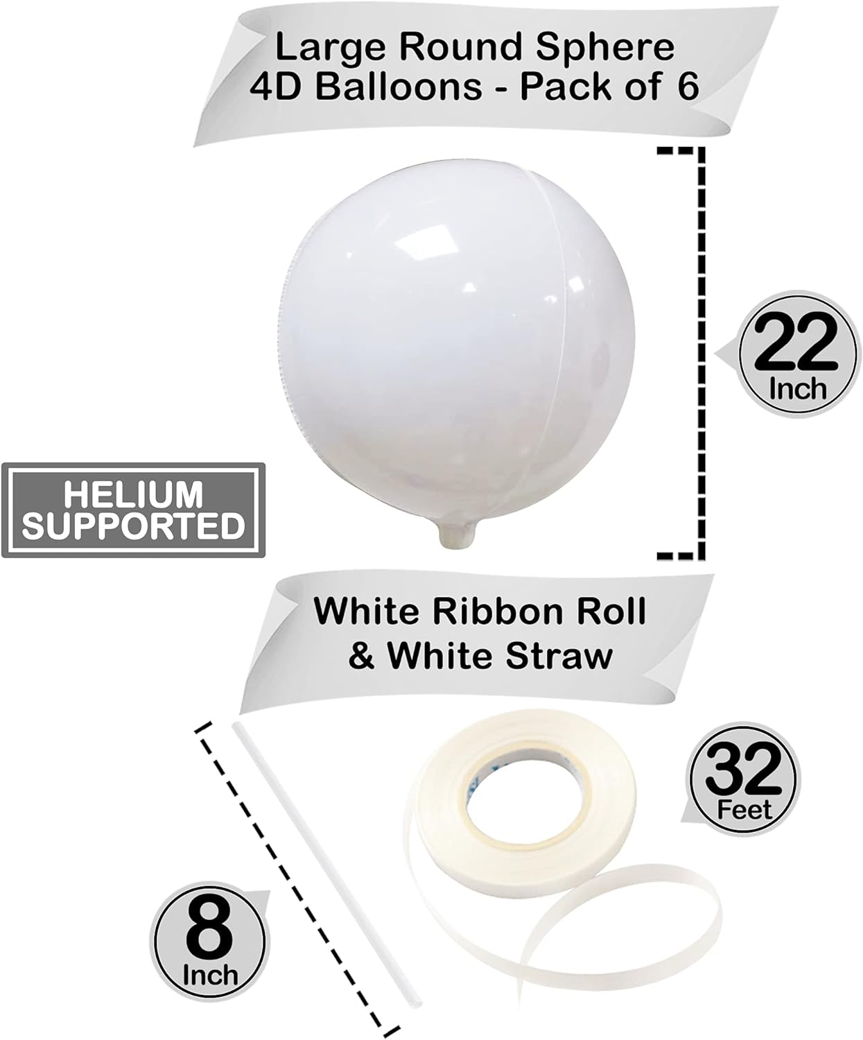 KatchOn, Round White Mylar Balloons - 22 Inch, Pack of 6 | White 4D Balloons, White Foil Balloons for Baby Shower | White Metallic Balloons for White Birthday Decorations | Metallic White Balloons