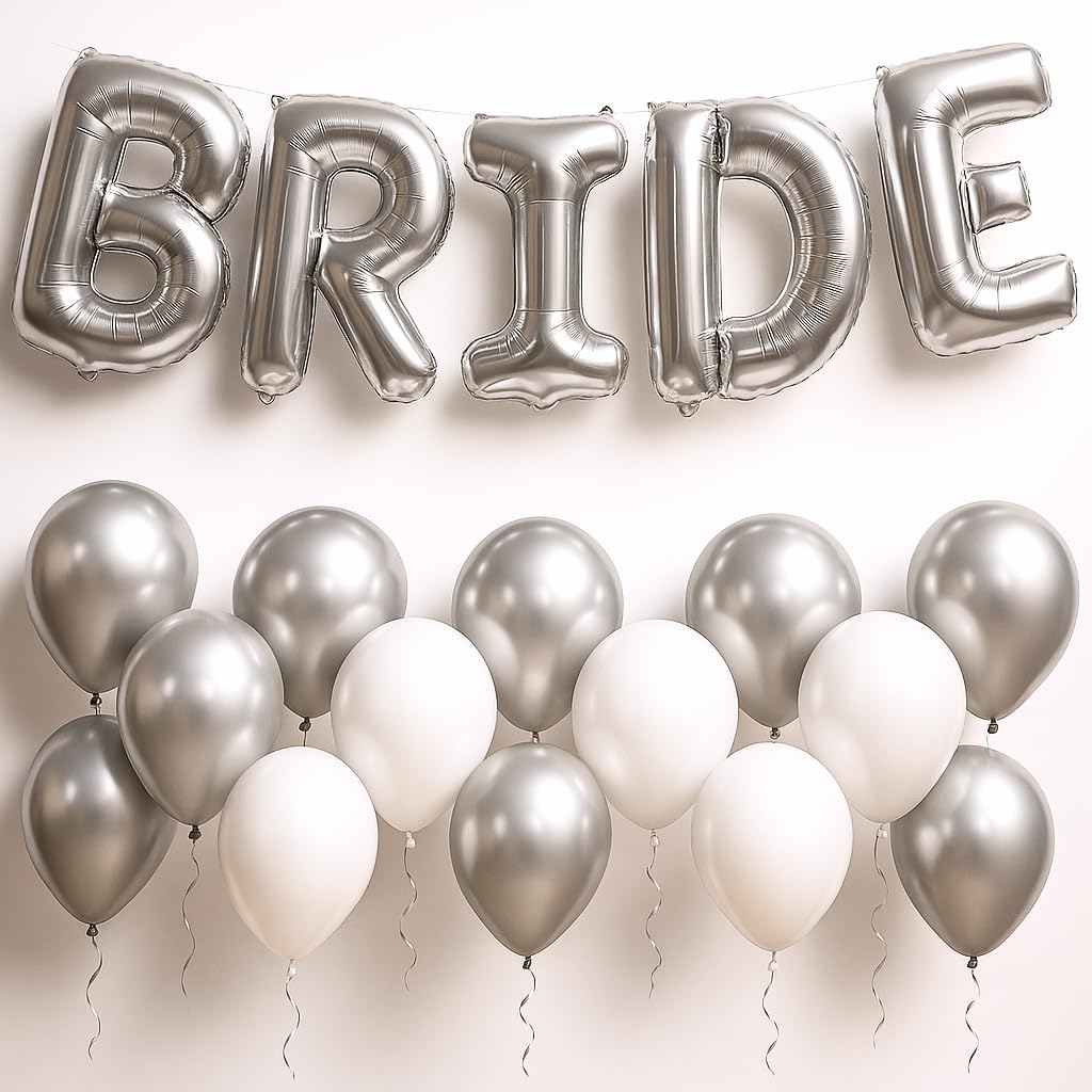 KatchOn, 23pcs Silver Bride Balloons Set - 16 Inch, Silver & White, for Bachelorette Party Decorations