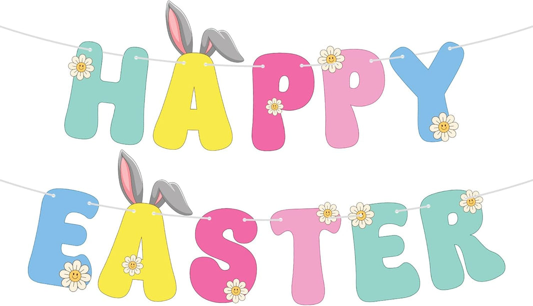katchon happy easter banner 10 feet little diy easter party decorations for indoor outdoor easter bunny garland floral bunny banner for easter decor easter decorations for office