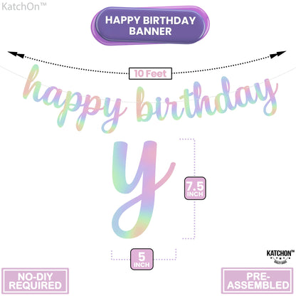 KatchOn, Pre-Strung Iridescent Happy Birthday Banner - 10 Feet | Iridescent happy Birthday Sign for Holographic Happy Birthday Decorations | Mermaid Birthday Decorations | Iridescent Party Decorations