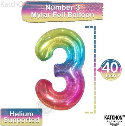 KatchOn, Giant Jelly Rainbow 3 Balloon Number - 40 Inch | Number 3 Balloon for 3rd Birthday Girl Decorations | 3rd Birthday Balloons | Rainbow Number Balloons for Anniversary Decorations