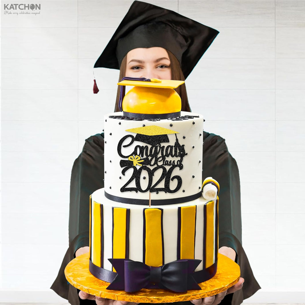 Graduation Decorations 2026, Glitter Graduation Cake Topper 2026, Class of 2026 Cake Topper | Gold and Black Graduation Party Cake Topper | Graduation Decorations Class of 2026, Katchon