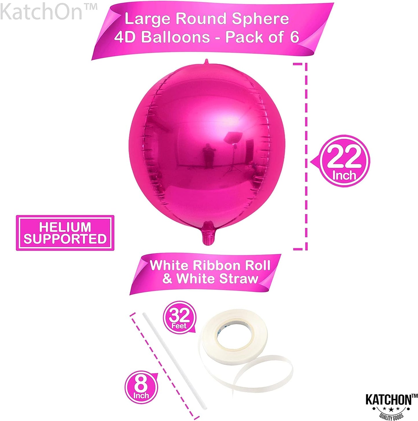 KatchOn, Big Hot Pink Balloons - 22 Inch, Pack of 6 | Hot Pink Foil Balloons for Hot Pink Party Decorations | 4D Sphere Metallic Pink Balloons, Hot Pink Birthday Decorations | Hot Pink Mylar Balloons