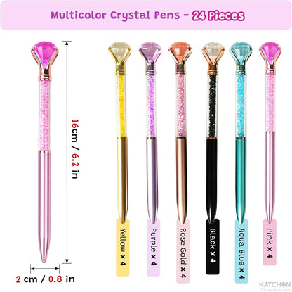 KatchOn Multicolor Diamond Pens, Pack of 24 | Diamond Pen Bulk with Crystal Top and 24 Extra Refilles, Cute pen, Fancy Pens for Women, Birthday, School, Office Supplies