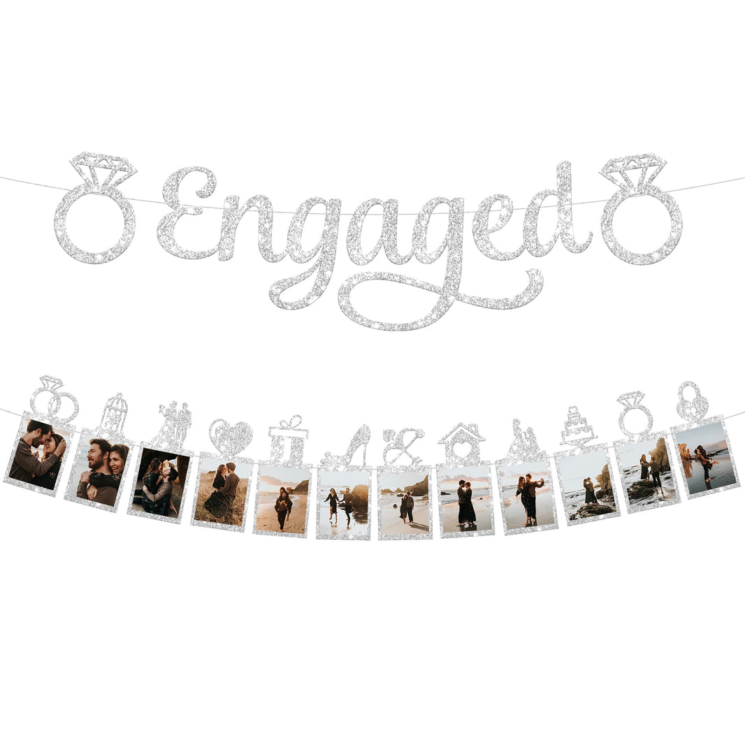 KatchOn, Silver Glitter Engaged Photo Banner - 2 String, 10 Feet, No DIY | Silver Engagement Party Decorations | Engagement Photo Banner for Bachelorette Party Decorations | She Said Yes Decorations