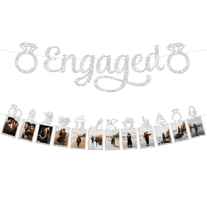 KatchOn, Silver Glitter Engaged Photo Banner - 2 String, 10 Feet, No DIY | Silver Engagement Party Decorations | Engagement Photo Banner for Bachelorette Party Decorations | She Said Yes Decorations