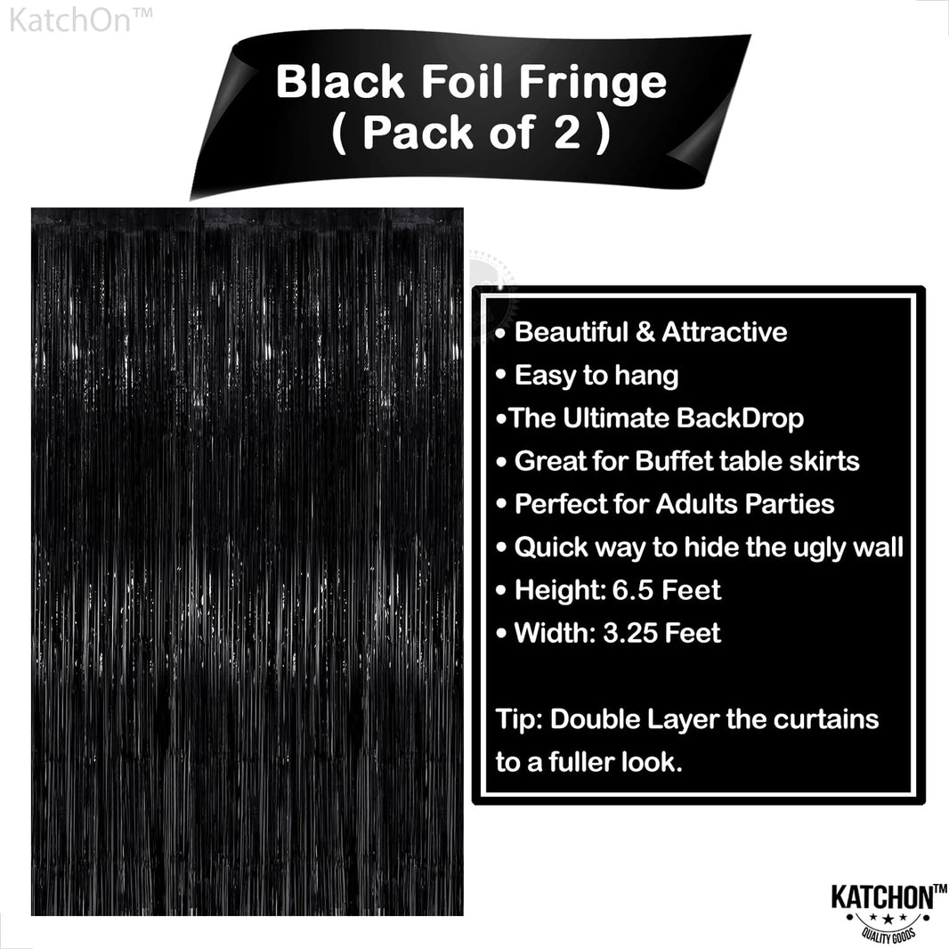 KatchOn Large Black Fringe Backdrop - Pack of 2 | Black Streamers for Halloween Decorations Indoor  | Tinsel Backdrop for Anniversary, Engagement, Birthday, Bachelorette, New Years Decorations
