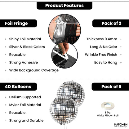 KatchOn, Disco Party Decorations Set - Huge, Pack of 8 | 4D Disco Ball Balloons, Black and Silver Fringe Backdrop Curtain for Bachelorette Party Decorations, New Year, Birthday, Wedding, Anniversary