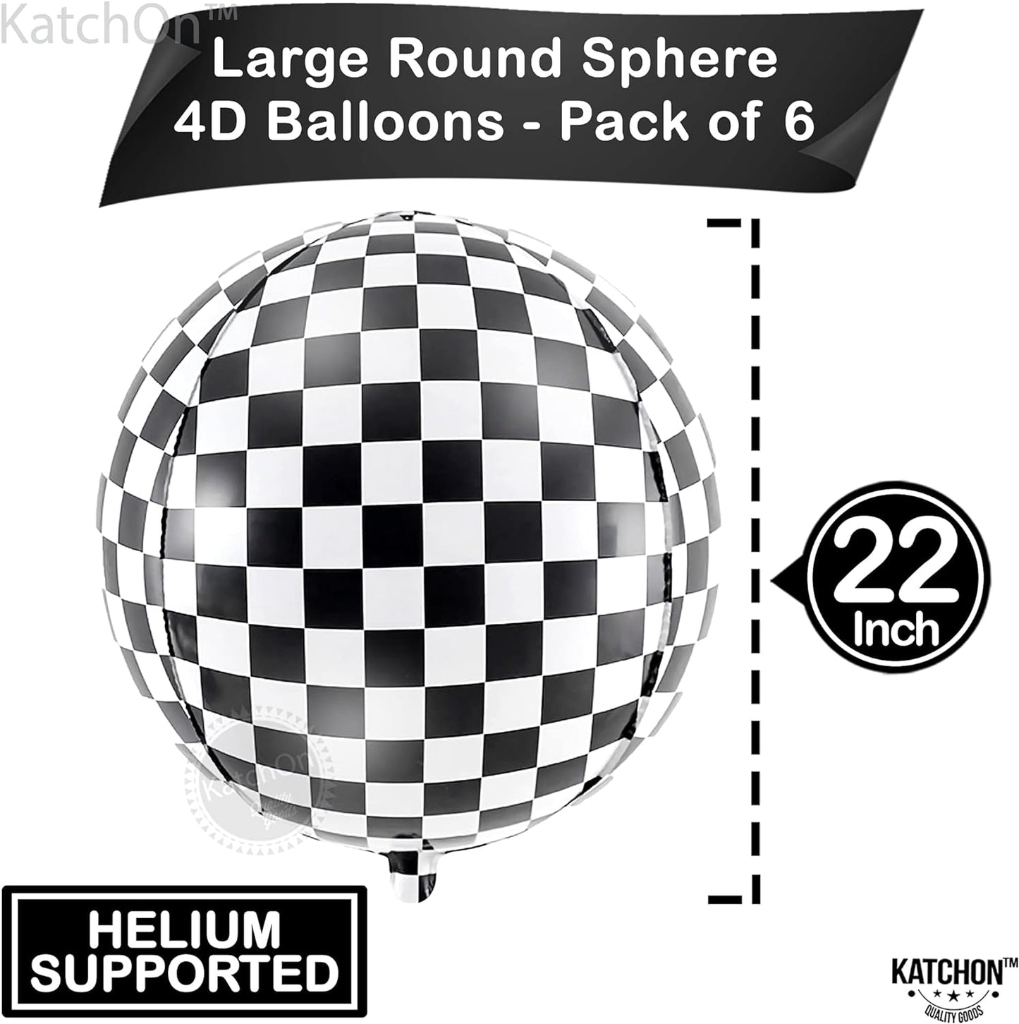 KatchOn, Black and White Checkered Balloons - 22 Inch, Pack of 6 | 4D Checker Balloons, Checkered Flag Balloons, Race Car Balloons | Checkered Flag Party Supplies, Race Car Birthday Party Supplies