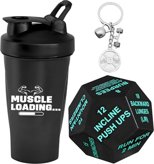 KatchOn, Fitness Gift Set – Pack of 4 | Gym Accessories for Men, with Exercise Dice | Valentine Gifts for Him | Workout Gifts for Men, Pre Workout Shaker, Dice and Dumble Keychains