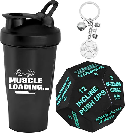 KatchOn, Fitness Gift Set – Pack of 4 | Gym Accessories for Men, with Exercise Dice | Valentine Gifts for Him | Workout Gifts for Men, Pre Workout Shaker, Dice and Dumble Keychains