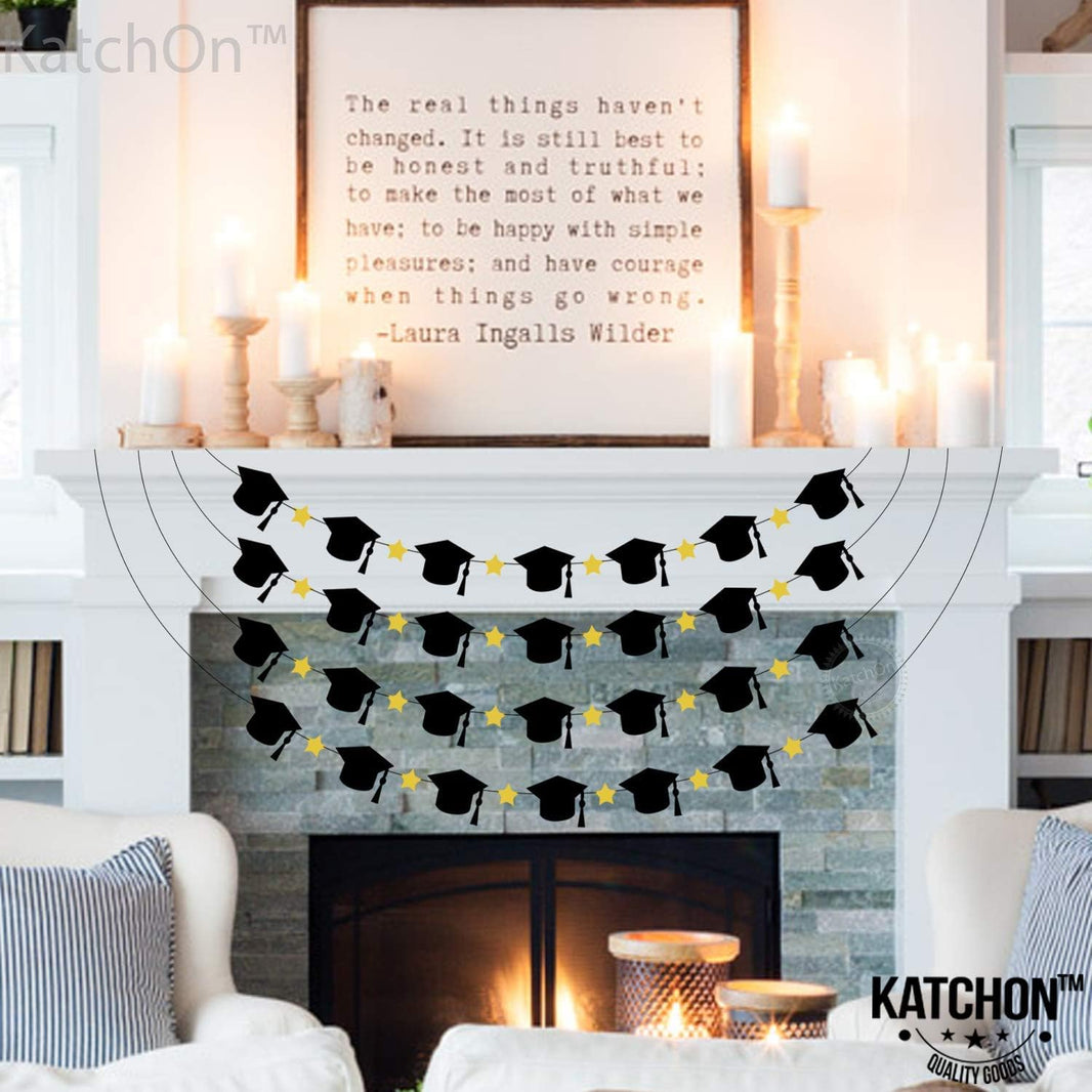 Graduation Decorations 2026, Felt Graduation Cap Garland - 4 String | Graduation Garland, Cap Decorations | Black, Gold class of 2026 Decorations | 2026 Graduation Decorations - KatchOn