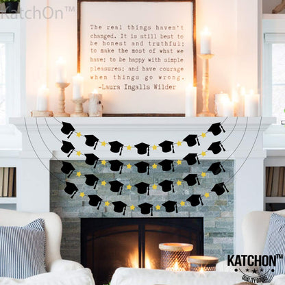 Graduation Decorations 2026, Felt Graduation Cap Garland - 4 String | Graduation Garland, Cap Decorations | Black, Gold class of 2026 Decorations | 2026 Graduation Decorations - KatchOn