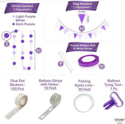 KatchOn, Purple Decorations Arch Set - Pack of 130 | Star Balloons, Fringe, Paper Fans, Swirls, latex Balloons for Graduation Decorations | Purple Birthday Decorations, Anniversary Decorations