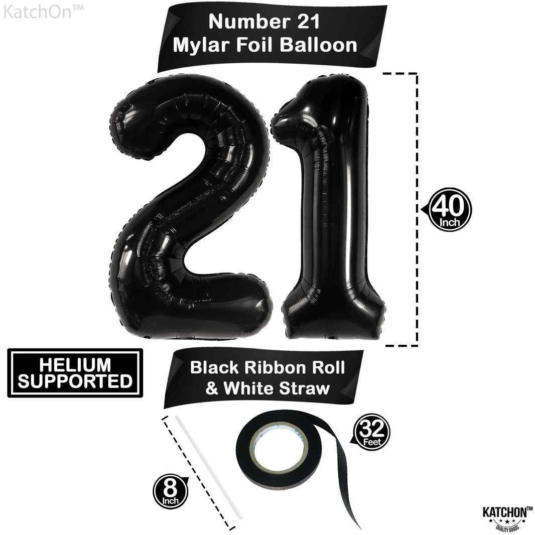 KatchOn, Black 21 Balloon Number - 40 Inch | Black 21st Birthday Decorations for Him, Her | 21st Anniversary Decorations | Black Birthday Party Decorations