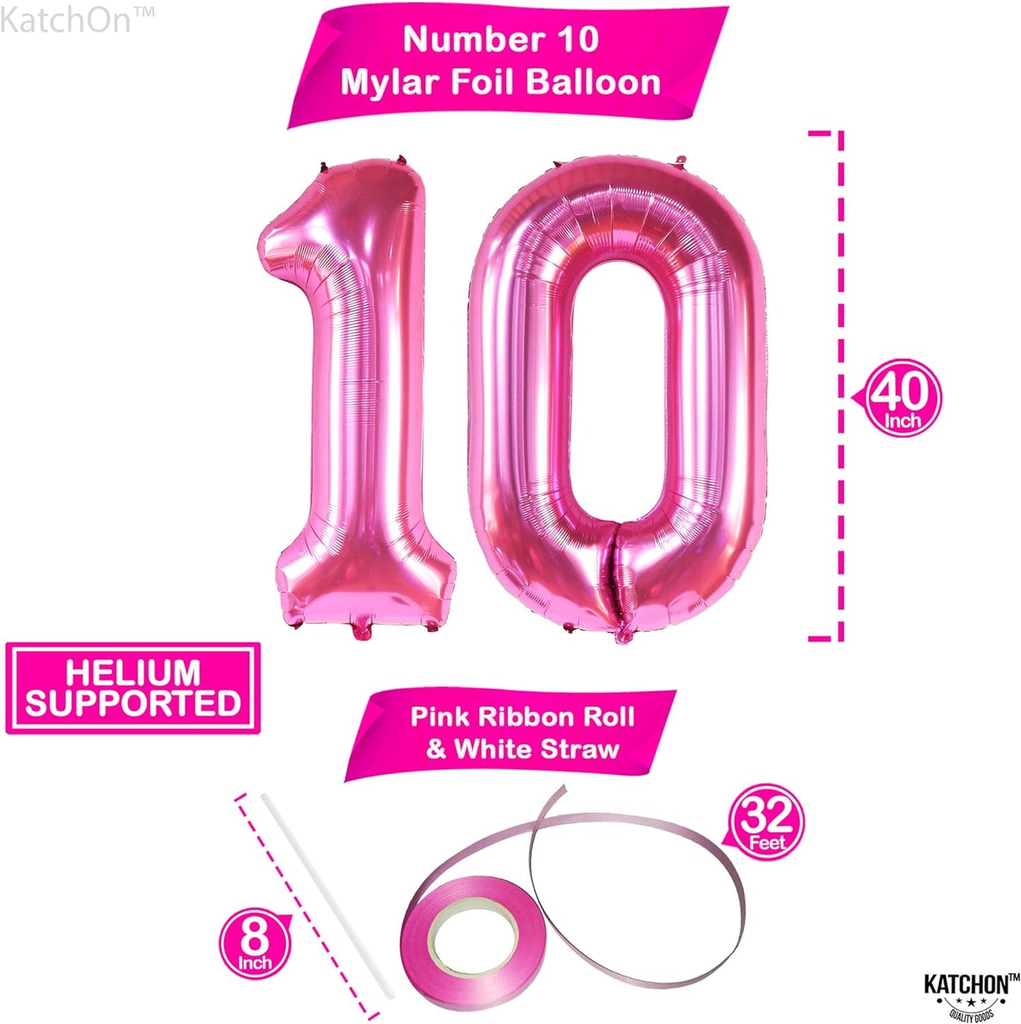 KatchOn, Hot Pink 10 Balloon Number - 40 Inch | Hot Pink 10 Birthday Balloon, 10th Birthday Decorations for Girl | Pink Number 10 Balloon | 10th Birthday Balloons | 10 Year Old Balloons for Girls