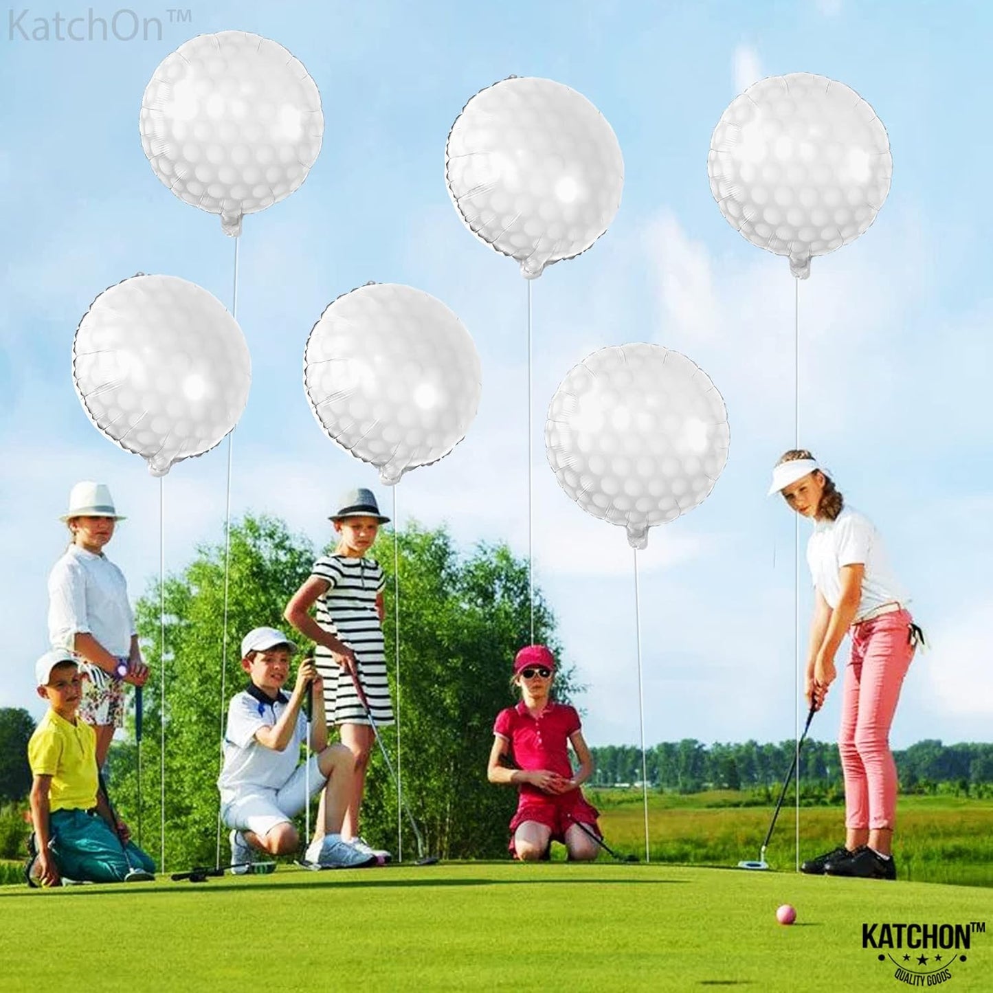 KatchOn, Golf Balloons for Birthday Party - 18 Inch | Golf Ball Balloons for Hole In One Birthday Decorations | Foil Golf Balloon for Golf Birthday Party Decorations | Masters Golf Party Decorations