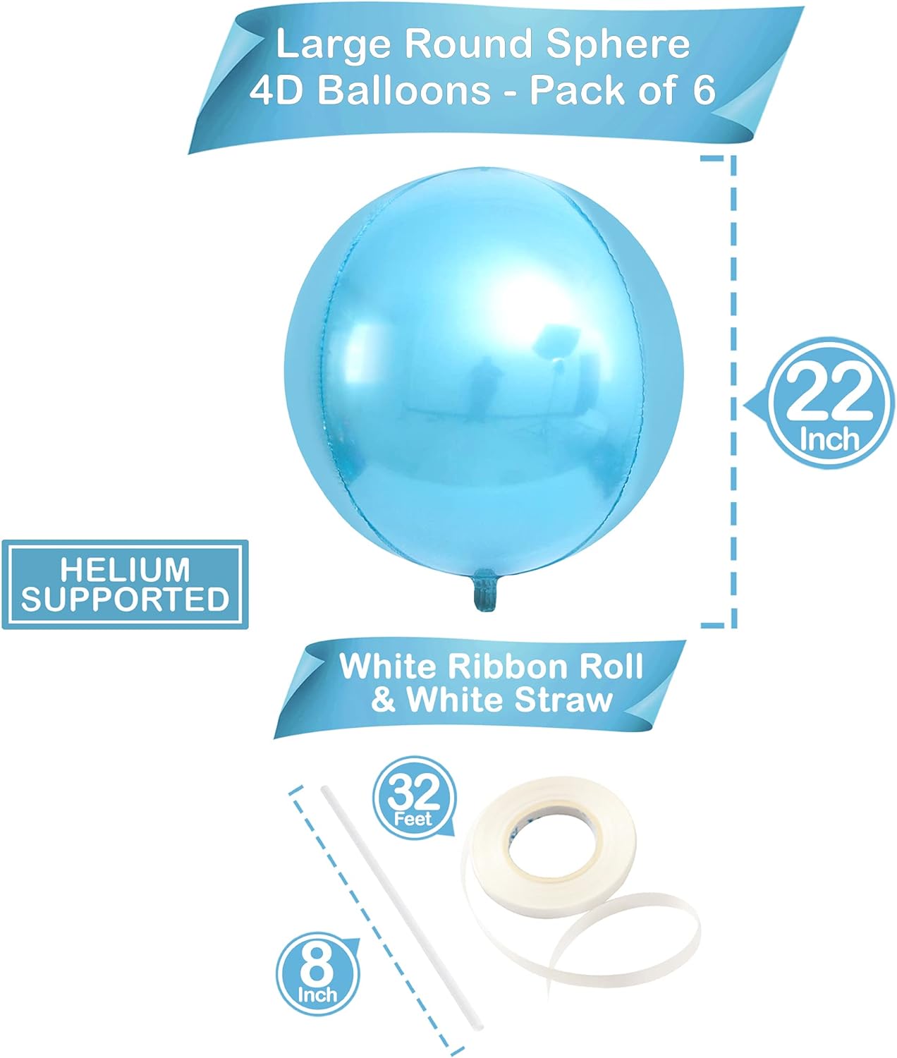 KatchOn, Light Blue Foil Balloons - 22 Inch, Pack of 6 | Sphere Light Blue Metallic Balloons, Baby Shower | Baby Blue Balloons for Gender Reveal, Birthday | Light Blue Mylar Balloons, Shark Balloons