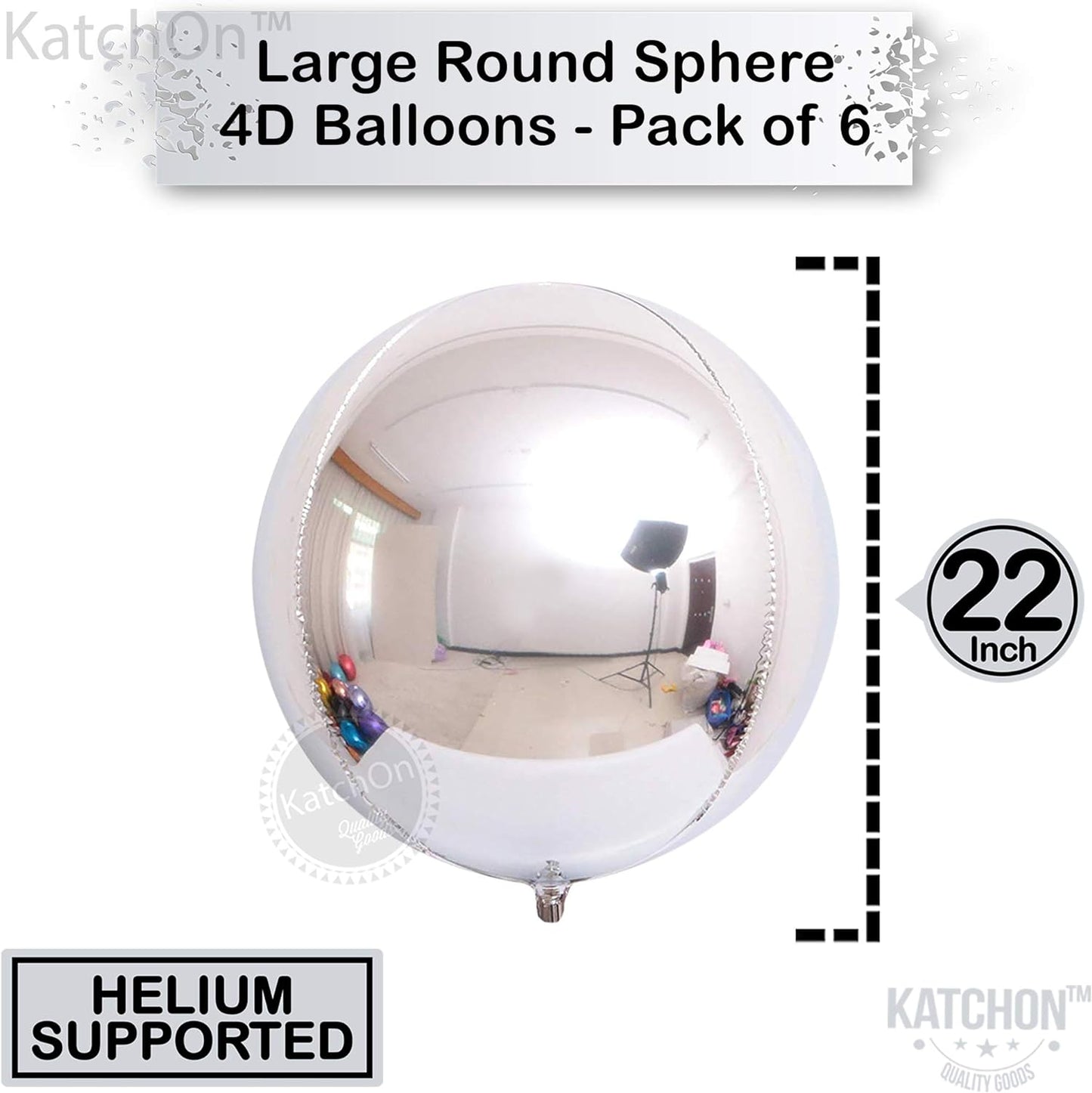 KatchOn, Metallic Silver Balloons - 22 Inch, Pack of 6 | Silver Foil Balloons, 4D Round Silver Chrome Balloons for Silver Birthday Party Decorations | Silver Metallic Balloons, Silver Mylar Balloons