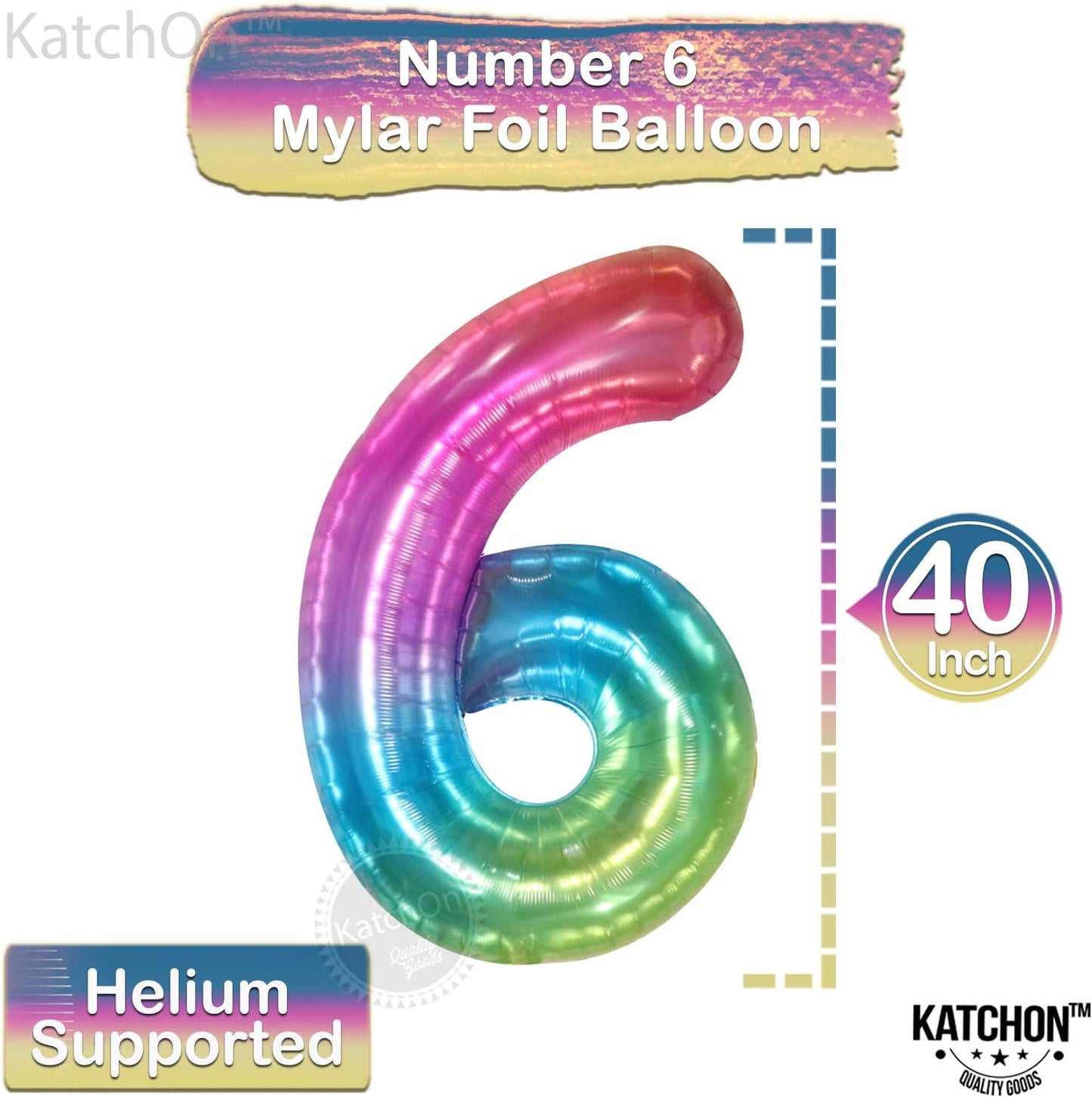 KatchOn, Giant Rainbow Number 6 Balloon - 40 Inch | 6 Balloons for Birthday Girl | 6 Balloon Number for 6th Birthday Decorations for Girls | 6th Birthday Balloons, Rainbow Cheetah Party Supplies