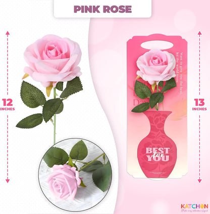 KatchOn Rose Flower Gifts – 13 Inches Artificial Pink Rose With Greeting Card |Birthday Gifts for Women |Unique gifts for Women,Girlfriend | Graduation Gifts For Her | Cute Anniversary Cards For Wife