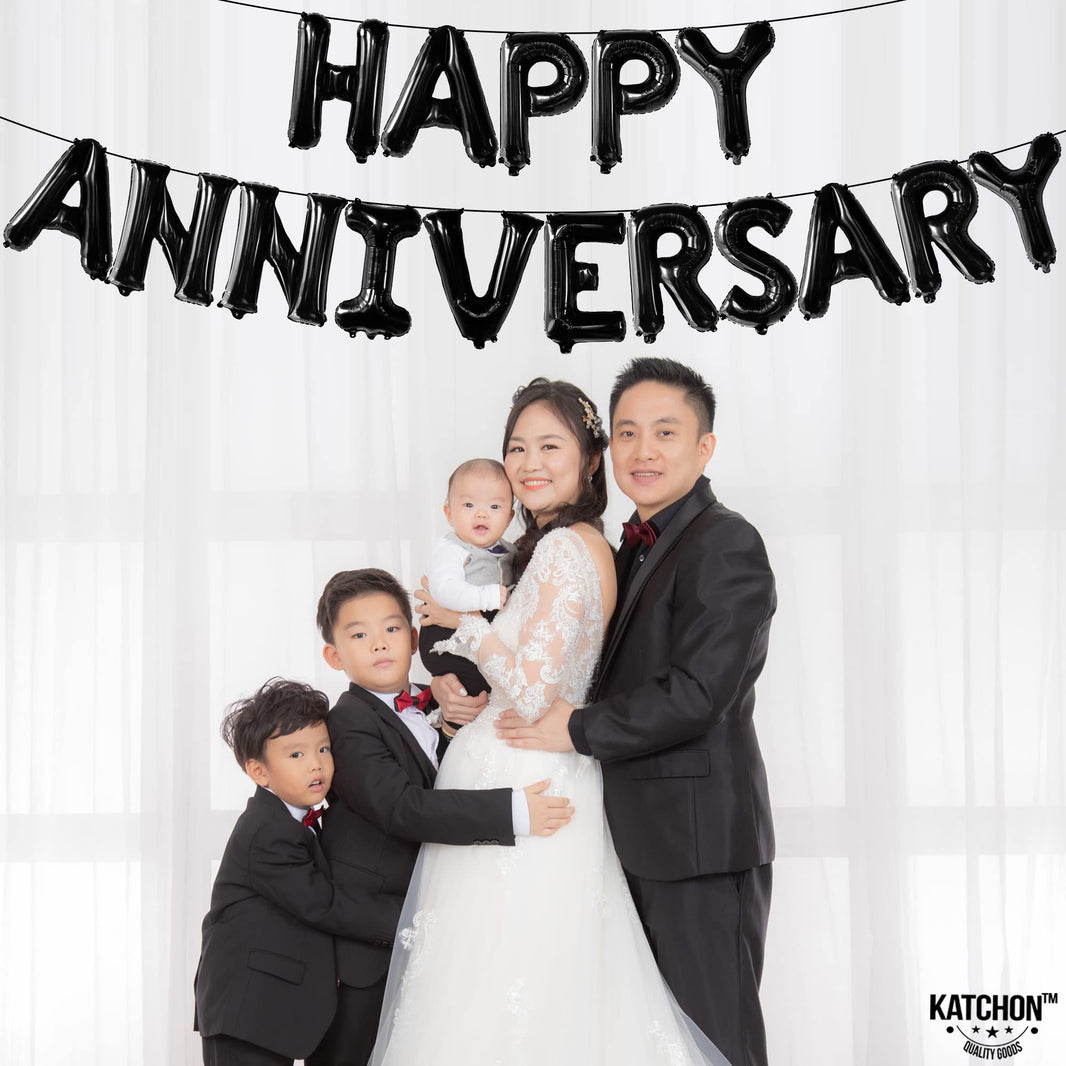 KatchOn, Happy Anniversary Balloons Black - 16 Inch | Black Happy Anniversary Banner Decorations | Backdrop | Balloon Banner