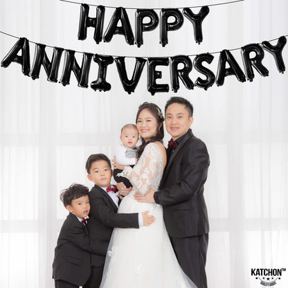 KatchOn, Happy Anniversary Balloons Black - 16 Inch | Black Happy Anniversary Banner Decorations | Backdrop | Balloon Banner