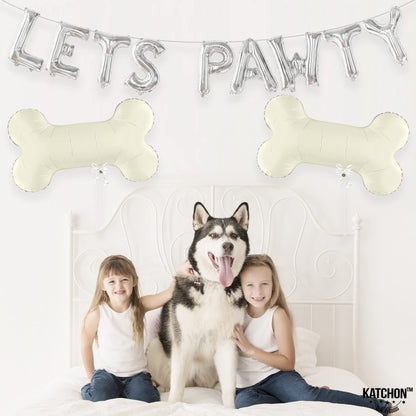 KatchOn, Big Silver Lets Pawty Balloons - 29 Inch | Dog Birthday Decorations | Lets Pawty Birthday Decorations | Silver Banner for Dog Themed Birthday Party Decoration | Bone Balloons