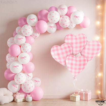 KatchOn, Pink Bow Birthday Party Decorations - Pack of 64 | Bow Themed Baby Shower Decorations | Pink Checkered Balloons for pink Bride Balloons | White Balloon