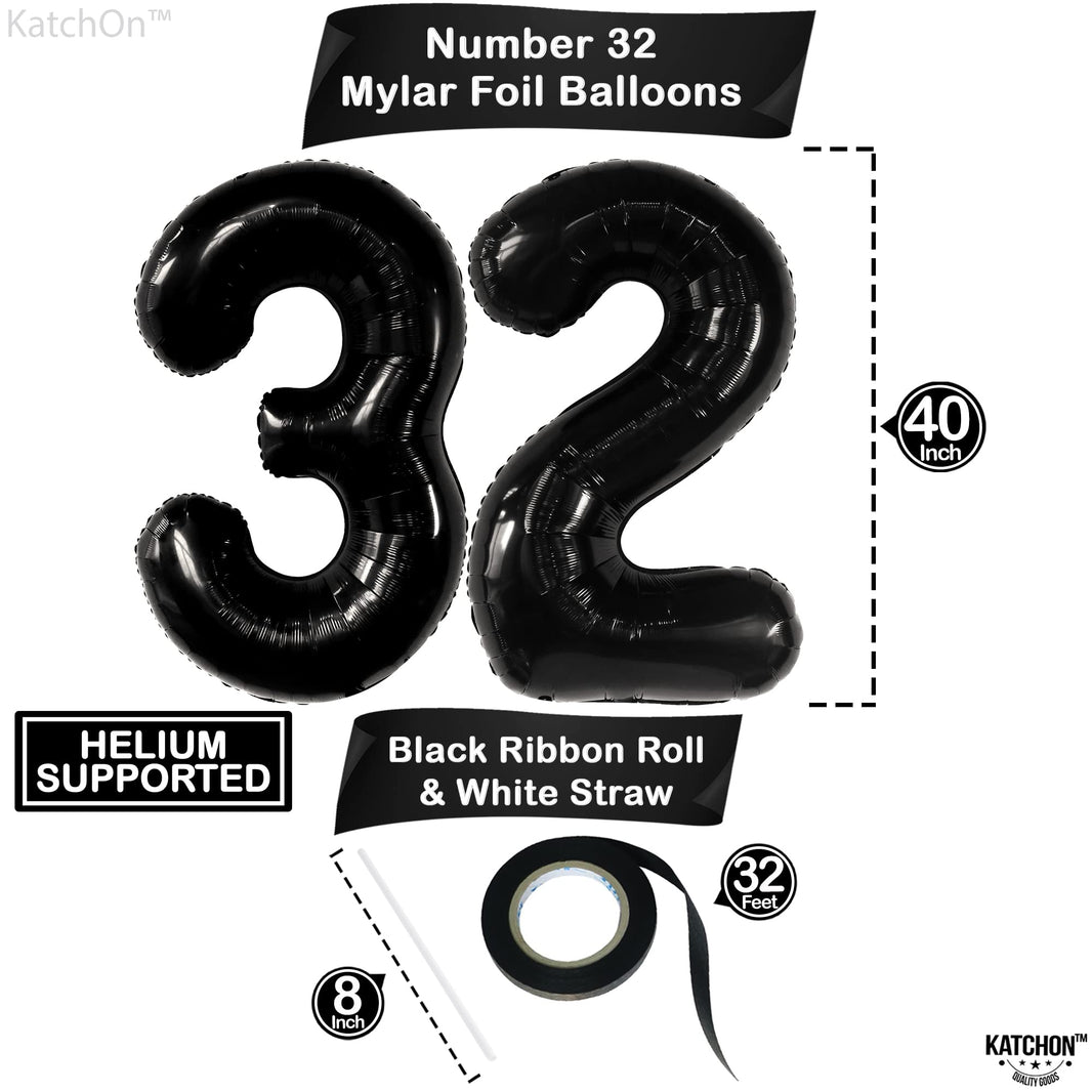 KatchOn, Huge Black 32 Balloon Numbers - 40 Inch | Foil Number Balloon For 32nd Birthday Party Decorations | 32 Balloon For Anniversary Decorations | Black Party Decoration