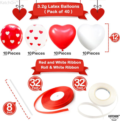 KatchOn, Red and White Balloons - 12 Inch, Pack of 40 | Heart Shaped Balloons, Heart Decorations | Romantic Decorations Special Night | Happy Anniversary Decorations | Valentines Day Decorations