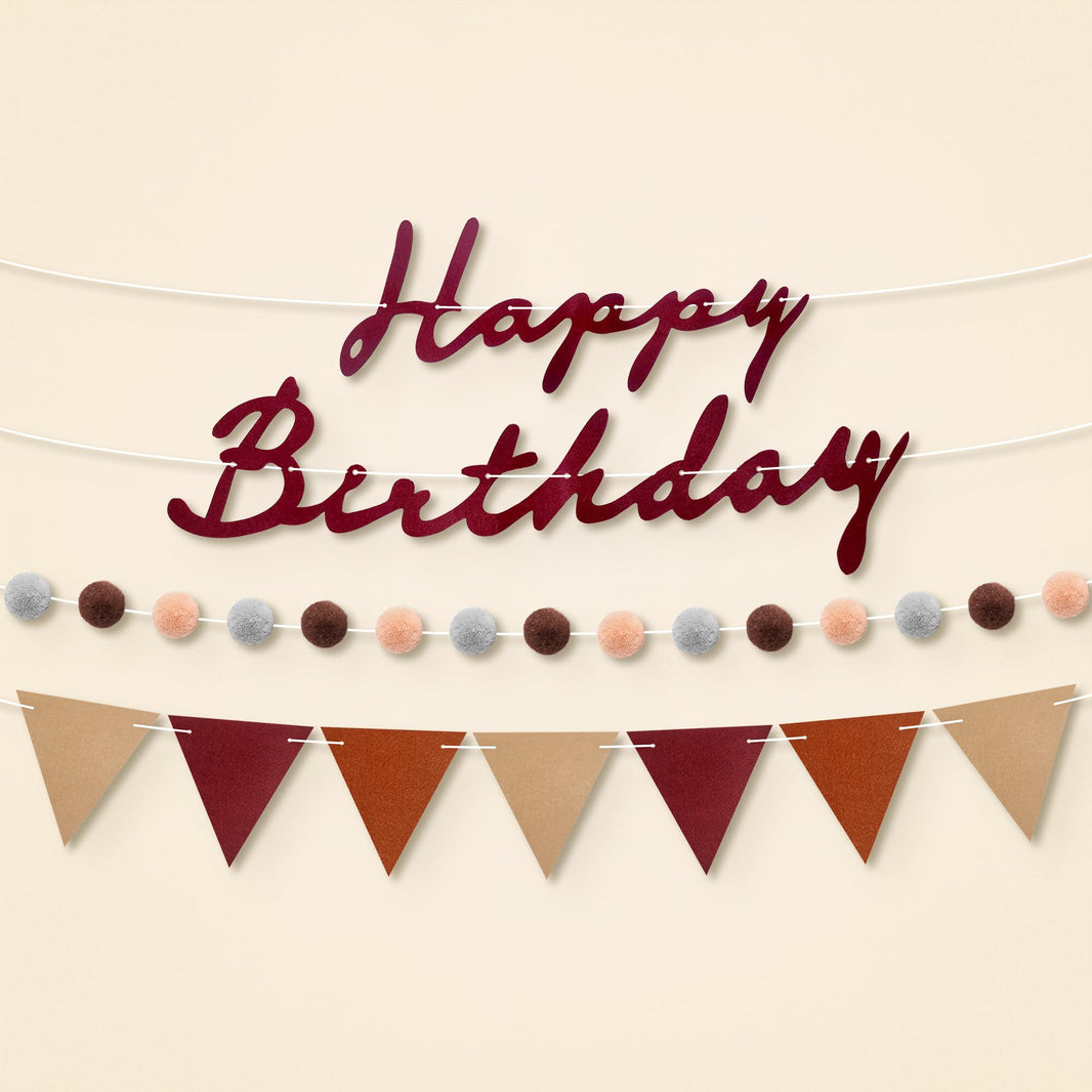 KatchOn, Burgundy Felt Happy Birthday Banner Set  Pre Strung, 10 Feet, No DIY | Reusable, Triangle Flag Banner & Pom Pom Garland | Burgundy Birthday Decorations for Women Men | Boho Party Decorations