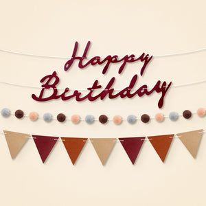 KatchOn, Burgundy Felt Happy Birthday Banner Set  Pre Strung, 10 Feet, No DIY | Reusable, Triangle Flag Banner & Pom Pom Garland | Burgundy Birthday Decorations for Women Men | Boho Party Decorations