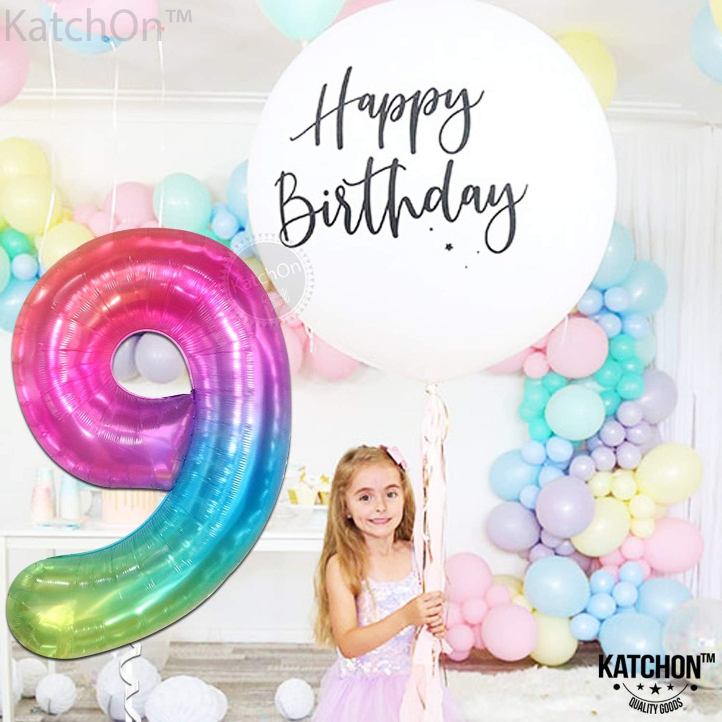 KatchOn, Rainbow Number 9 Balloon - 40 Inch | Tie Dye 9 Balloon Number | 9th Birthday Decorations for Girls | 9th Birthday Balloons | Rainbow Party Decorations | Sleepover Party Supplies for Girls