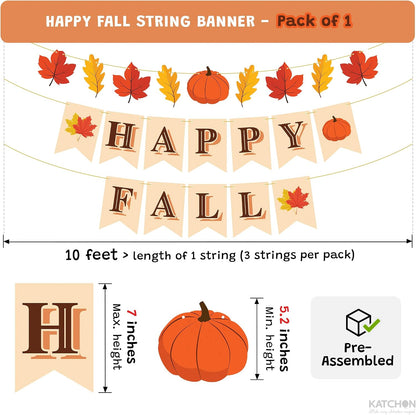 Happy Fall Banner, 3 strings - No DIY Required | Happy Fall Banner with Maple Leaves and Pumpkin for Fall Decor, Fall Decorations for Mantle Fireplace, Thanksgiving Banner - KatchOn