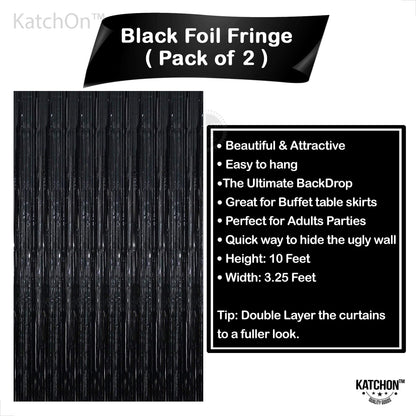 KatchOn XtraLarge Black Foil Fringe Curtain - 3.2x10 Feet, Pack of 2 | Black Backdrop for Black Birthday Decorations | Black Tinsel Backdrop | Black Streamer for Graduation Decorations Class of 2024