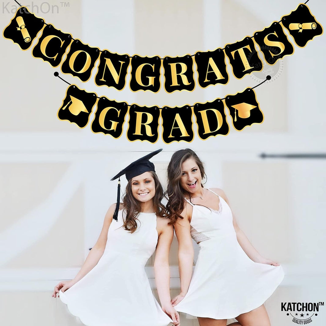 KatchOn, Black and Gold Congrats Grad Banner - Large 10 Feet, No DIY | Congratulations Graduate Banner for 2026 Graduation Decorations | Congrats Grad Sign for Graduation Decorations 2026