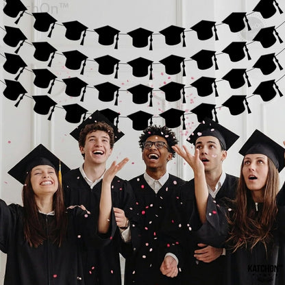 KatchOn, Felt Black Graduation Cap Garland - 4 String | Grad Garland Class of 2026, Grad Decor Class of 2026 | Black 2026 Grad Party Decorations, Graduation Decorations 2026