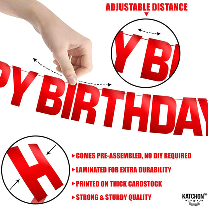 KatchOn, Shiny Red Happy Birthday Banner - Pre-Strung, 10 Feet | Red Happy Birthday Sign for Birthday Decorations | Bday Banner, Happy Bday Garland | Birthday Party Decor