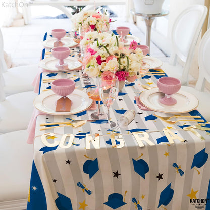 KatchOn Graduation Decorations 2026 | Blue and White Graduation Tablecloth - Pack of 3, XtraLarge 108x54 Inch | Congrats Grad Tablecloth for Graduation | 2026 Graduation Table Decorations