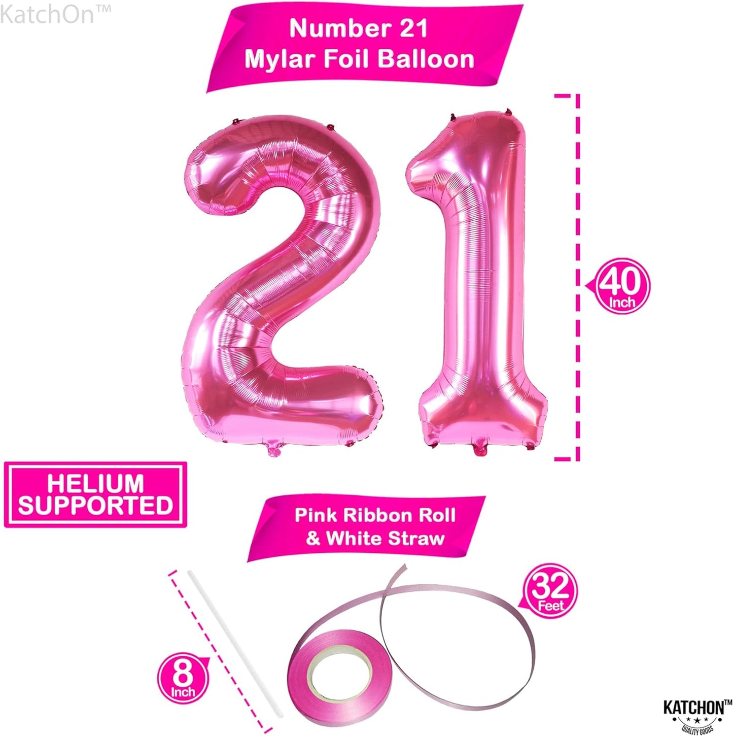 KatchOn, Hot Pink 21 Balloon Number - 40 Inch | Pink 21st Birthday Balloons for Her | 21st Birthday Decorations For Her Pink| 21st Birthday Pink, Hot Pink 21 Balloons | Pink 21st Birthday Decorations