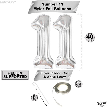 KatchOn Big Silver Number 11 Balloon - 40 Inch | Silver 11 Birthday Balloon for 11th Birthday Decorations for Boys | Number 11 Balloons for Birthdays, Silver 11 Balloon for Girls | 11 Party Balloons