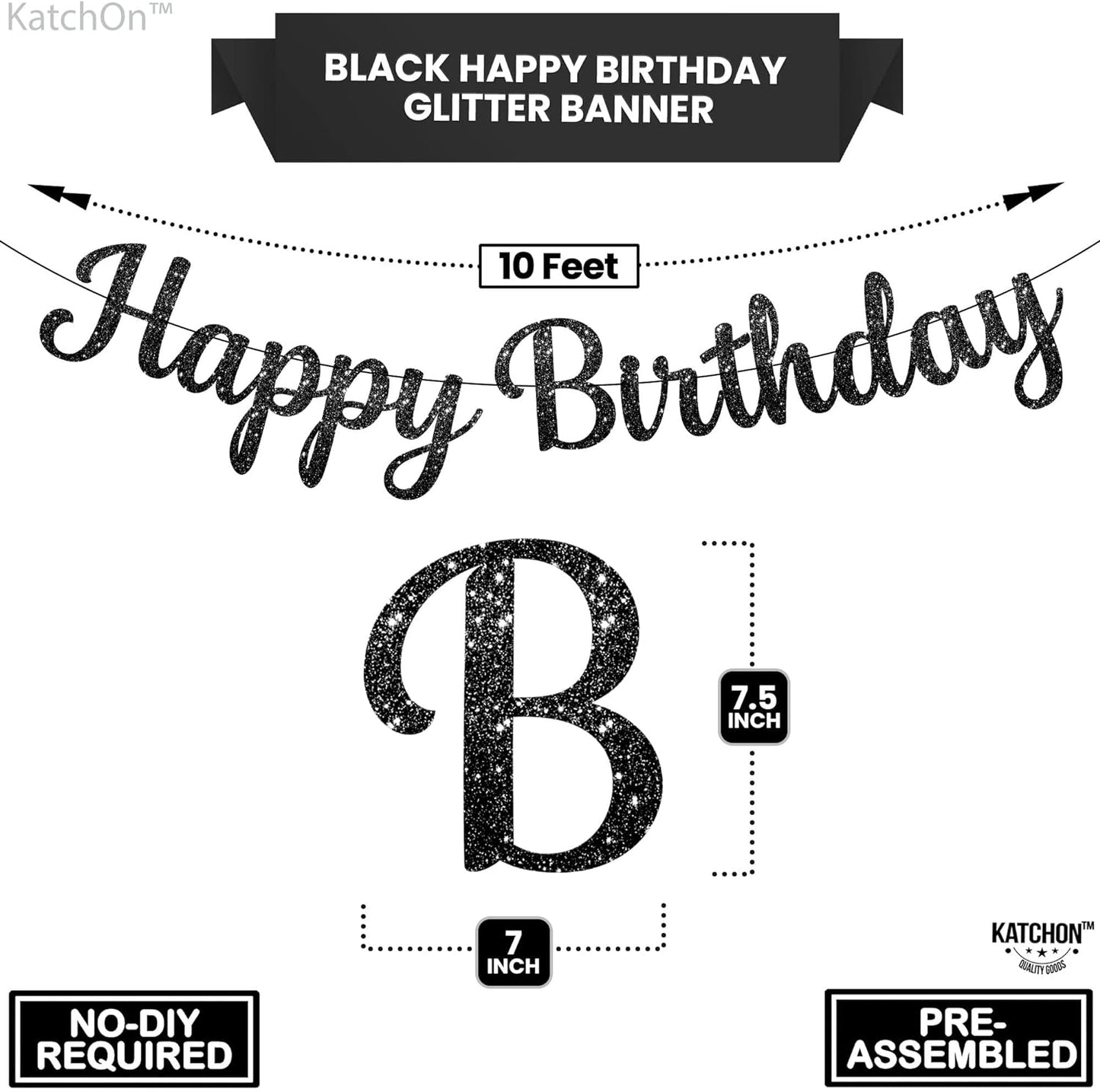 KatchOn, Glitter Black Happy Birthday Banner - 10 Feet, Pre-Strung | Happy Birthday Sign Black, Black Birthday Decorations | Black Birthday Banner, Happy Birthday Decorations | Happy Birthday Garland