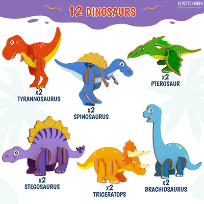 KatchOn, Dinosaur Party Favors - Set of 12 | Large 3D Dino Painting Kits with Wooden Crafts and Cards | Fun Toys for Kids | Dino 3D Party Favors for Kids 3-5 | Christmas Gifts For kids
