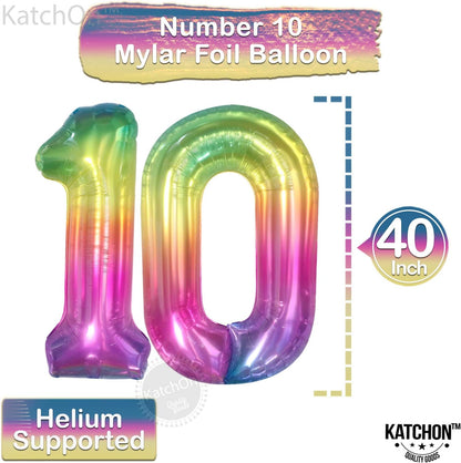 KatchOn, Giant Rainbow 10 Balloon Number - 40 Inch | 10th Birthday Decorations | Rainbow 10th Birthday Balloons for 10 Birthday Party Decorations | Number 10 Balloon for Happy Anniversary Decorations