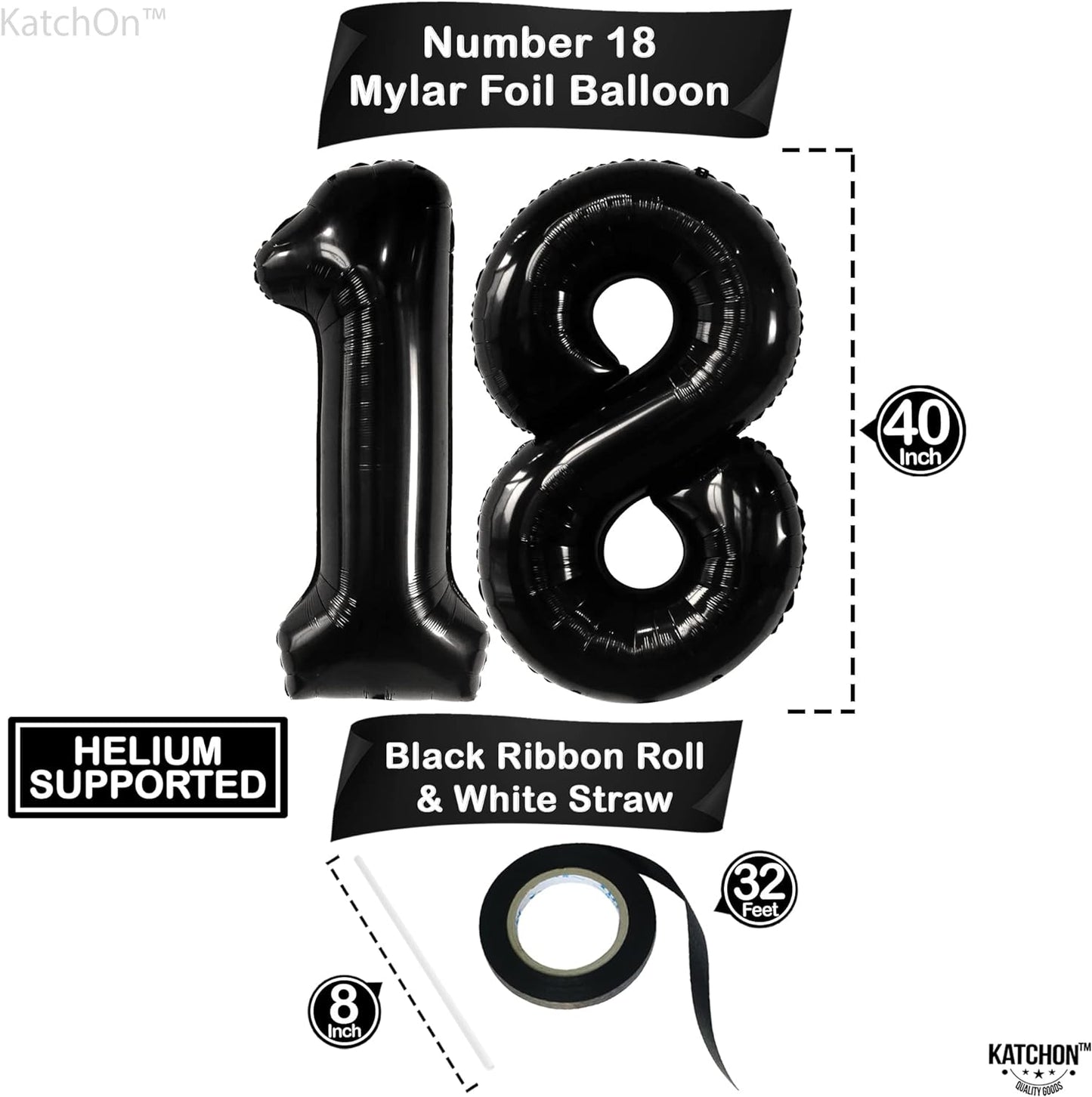 KatchOn, Black 18 Birthday Decorations - Giant, 40 Inch | Happy 18th Birthday Decorations for Boys | 18th Birthday Decorations for Girls | Black 18 Balloon Numbers for 18th Birthday Party Decorations