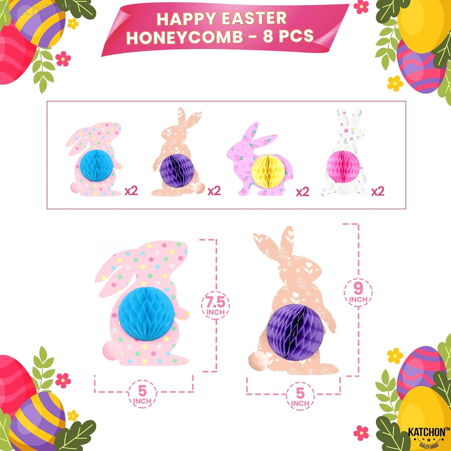 KatchOn, Easter Bunny Honeycomb Decorations - Pack of 8 | Easter Honeycomb Centerpieces | Easter Hanging Decorations for Hanging Bunny Party Decorations | Happy Easter Decorations for Classroom, Home