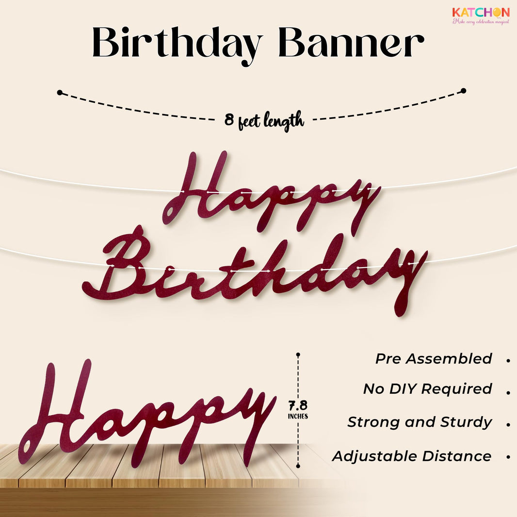 KatchOn, Burgundy Felt Happy Birthday Banner Set  Pre Strung, 10 Feet, No DIY | Reusable, Triangle Flag Banner & Pom Pom Garland | Burgundy Birthday Decorations for Women Men | Boho Party Decorations