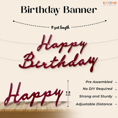 KatchOn, Burgundy Felt Happy Birthday Banner Set  Pre Strung, 10 Feet, No DIY | Reusable, Triangle Flag Banner & Pom Pom Garland | Burgundy Birthday Decorations for Women Men | Boho Party Decorations